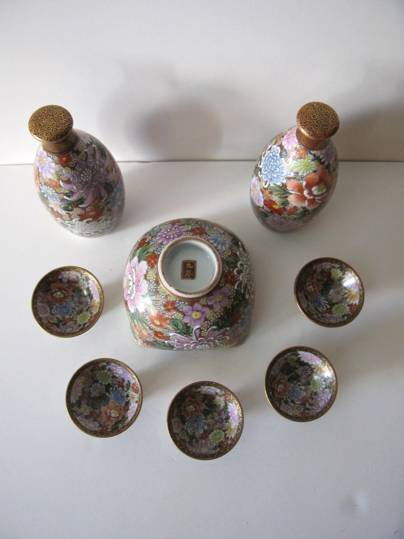 antique hand painted Kutani mille fiori sake set Japan image 3