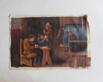 vintage original oil painting, men playing cards