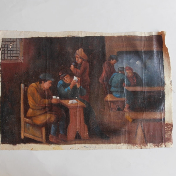 peinture à l'huile originale vintage, hommes jouant aux cartes