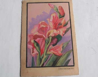 vintage original flower watercolor painting, pink orchids, signed Papantoniou