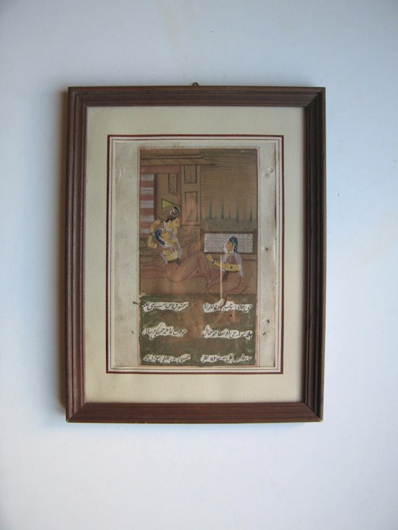 アンティークなインドのエロティックなオリジナル水彩画、カーマ