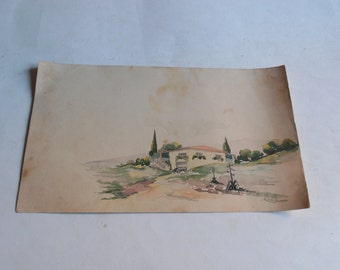antique watercolor painting,house in a Greek landscape, signed