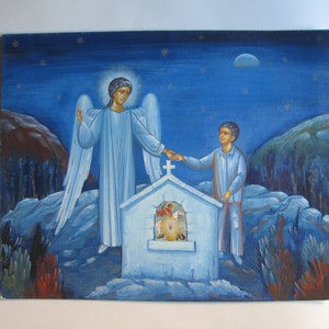 vintage original painting, dreaming boy holding Angel by hand behind a St George&#39;s chapel