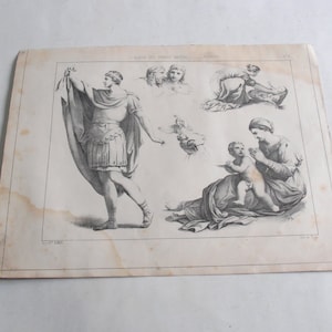 antique 1860 original litho de Turgis, L&#39; Album des Grands Maitres Poussin Etudes par J Carot L&#39; Ecole des Beaux Arts