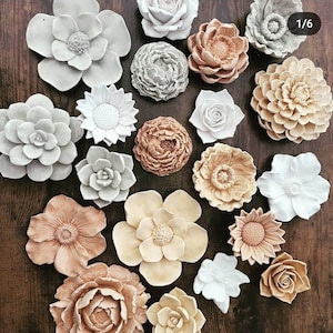 Neutral Tone wall hanging flowers: Gardenia, Magnolia, Rose, Sunflower, Dahlia, Peony, Earthy colored wall decor, muted tones, floral art