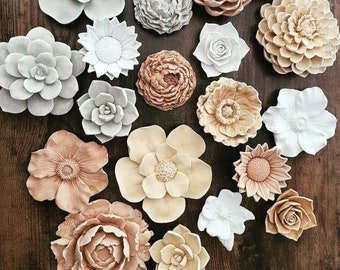 Wall hanging flowers,  neutral home decor, floral accents, Gardenia, Magnolia, Roses, Dahlia, Peony, grey white and brown, handmade flowers