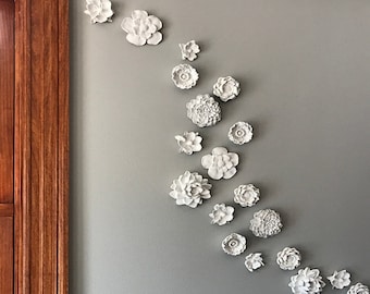 Wall hanging flowers, floral art, white flowers, Gardenia, Magnolia, Roses, Dahlia, Peony, Poppies, handmade flowers