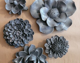 Grey wall flowers, dark gray wall hanging flowers, ready to ship