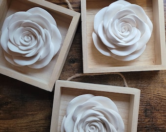 Framed flowers, white flowers in wood frames, white roses, rosette sculptures, mothers day gift, hand made flowers in a shadowbox