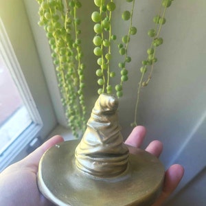 May include: A gold-colored, decorative hat with a wide brim. The hat is a replica of the Sorting Hat from the Harry Potter series. The hat is held in a person's hand, with a trailing plant in the background.