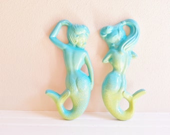 Mermaid wall art, mermaid gift, nautical wall decor, beach house decor, retro pin up mermaids