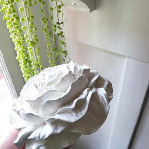 Puede incluir: Una gran flor de cer&aacute;mica blanca con un dise&ntilde;o realista esculpido. La flor tiene m&uacute;ltiples capas de p&eacute;talos y se sostiene en una mano.