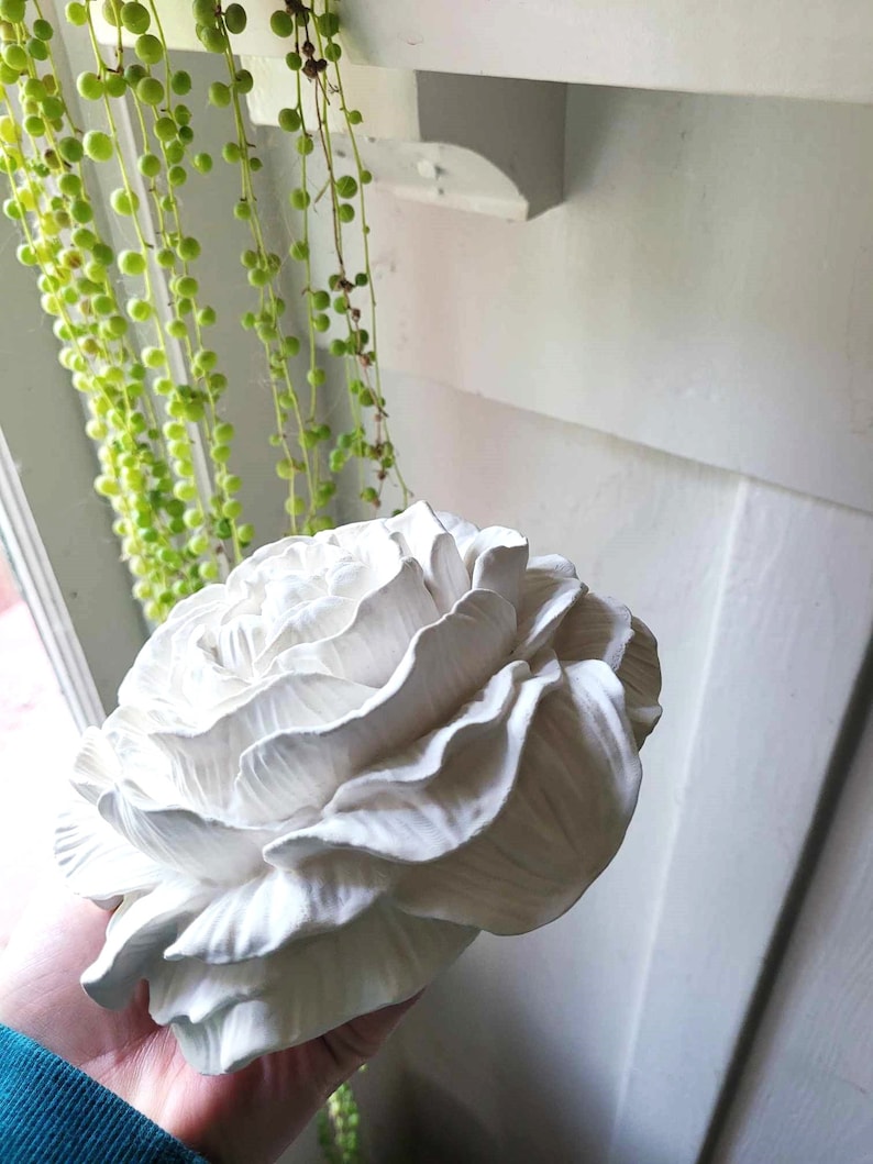 Puede incluir: Una gran flor de cer&aacute;mica blanca con un dise&ntilde;o realista esculpido. La flor tiene m&uacute;ltiples capas de p&eacute;talos y se sostiene en una mano.