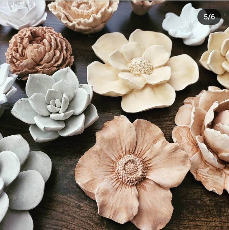 Wall hanging flowers, neutral home decor, floral accents, Gardenia, Magnolia, Roses, Dahlia, Peony, grey white and brown, handmade flowers image 3