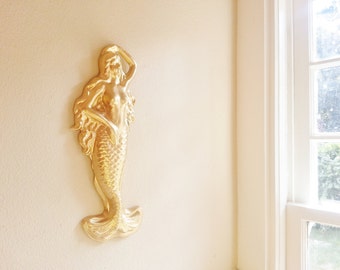 Mermaid, wall sculpture,  nautical home accents, beach house decor, gold mermaid, gilded sea siren