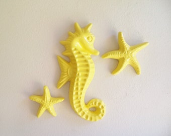 Seahorse and starfish wall art, mermaid nursery decor, beachy art, beach house decor, bright yellow, ocean animals, seashells