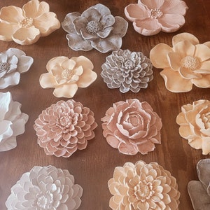 Wall hanging flowers, neutral home decor, floral accents, Gardenia, Magnolia, Roses, Dahlia, Peony, grey white and brown, handmade flowers image 9