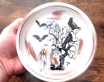 Plato decorativo de Halloween, fantasma espeluznante, decoración de cuervo y murciélagos, espeluznante todo el año, todos los días son Halloween, regalo de compromiso, plato para anillos de boda