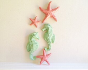 Seahorse art, starfish art, coral and sea foam green, beach house decor, nautical art, wall hanging seahorses, beach wedding gift, ocean