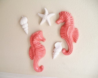 Seahorses and seashells, mermaid decor, beach house decor, ocean, beachy art, nautical decor, starfish, wall hanging beach art