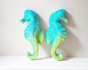 Seahorse wall hanging sculptures, tropical wall art, under the sea, beach house art, beach wedding gift, Tiki room decor, nautical art, aqua