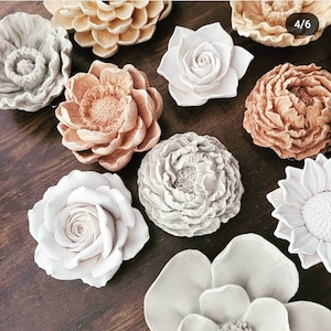 Wall hanging flowers, neutral home decor, floral accents, Gardenia, Magnolia, Roses, Dahlia, Peony, grey white and brown, handmade flowers image 6
