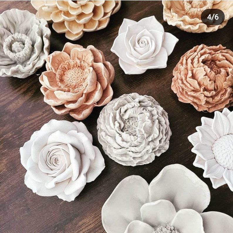 Wall hanging flowers, neutral home decor, floral accents, Gardenia, Magnolia, Roses, Dahlia, Peony, grey white and brown, handmade flowers image 6