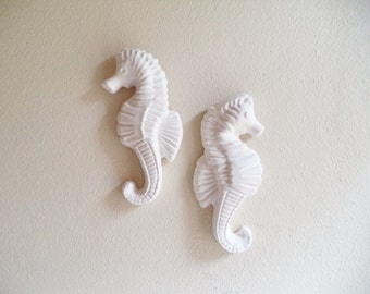 Seahorse wall decor, beachy decor, nautical art, seahorse sculptures, seahorse couple, beachy art, seashell art, seahorse family