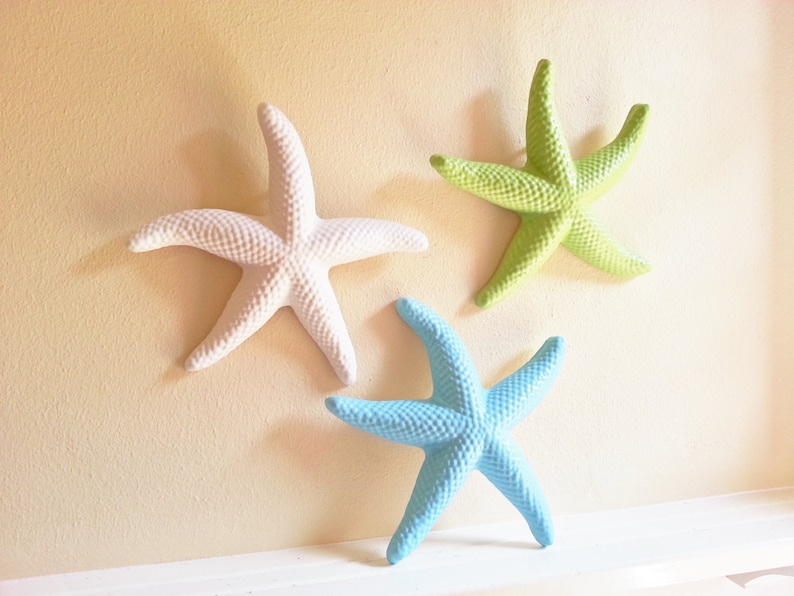 Starfish wall hanging sculptures, beach house decor, seashells, large starfish, nautical art, coastal, sea foam green, aqua blue image 1