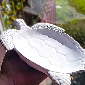 May include: A white turtle-shaped decorative dish. The dish features a textured surface with a turtle shell pattern and detailed flippers and head. The dish is held up in front of a blurred green background.