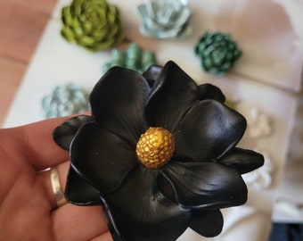 Black flower ring dish, Magnolia, wedding ring holder, black and gold, engagement ring holder, engagement gift