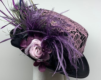 Victorian Top Hat with Lavender, Top Hat Small, Riding Hat, Tea Party Hat, Top Hat with Lace, Somewhere in Time, Fancy Top Hat, Theatre Hat