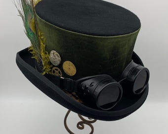 Steampunk Hat with Green, Steampunk Hat Black, Steampunk Shop, Steampunk Hat men, Steampunk Top Hat, Men's Steampunk Hat, Steampunk Outfit