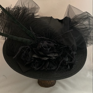 Edwardian Hat Black, Wide Brim Hat Black, Victorian Hat Black, Victorian Hat Women, Hats with Ostrich, Hat