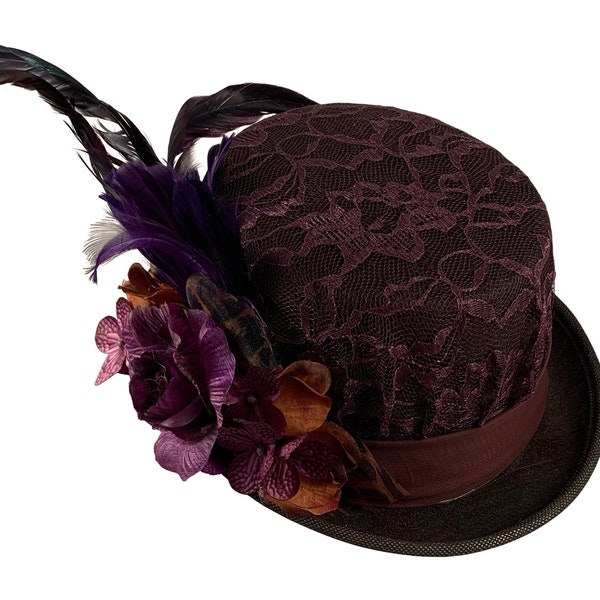 Top Hat Black with Purple, Top Hat with Lace, Top Hat with Feathers, Black Felt Hat, Victorian Hat Purple, Riding Hat, Tea Party Hat