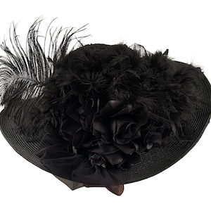 Edwardian Hat Black, Wide Brim Hat Black, Victorian Hat Black, Victorian Hat Women, Hats with Ostrich, Hat