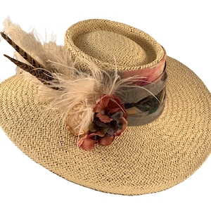 Gambler Hat, Bolero Hat, Boho Hat, Kentucky Derby Hat, Feathers, Flowers, Beige with Blue Hat