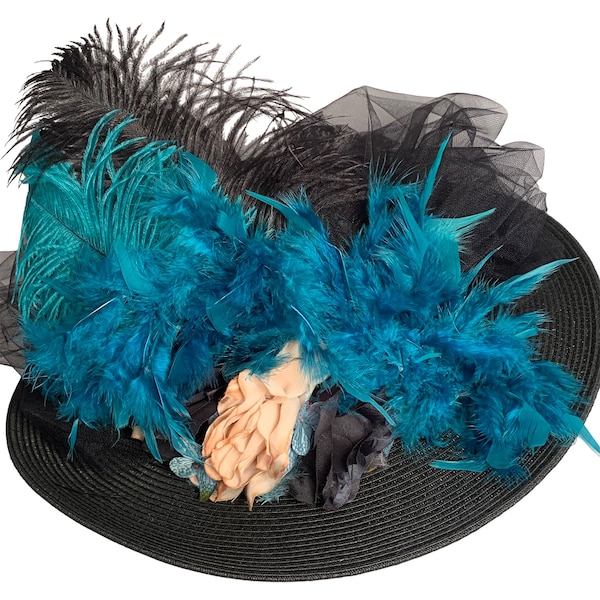 Edwardian Hat Black, Kentucky Derby Hats for Women, Hat with Turquoise Feathers, Victorian Hat Black, Hats with Ostrich, Ascot Hat