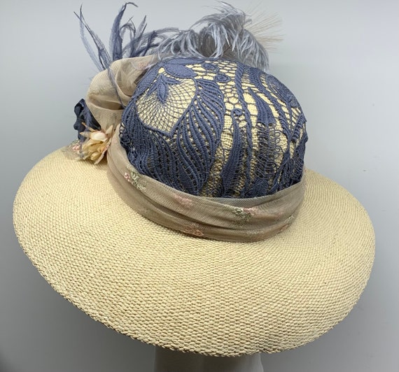 Victorian Hat Blue, Tea Party Hat Blue, Southern Hat, Somewhere in Time,  Victorian Hat With Lace, Wide Brim Hat Beige, Fancy Hats for Women -   Canada