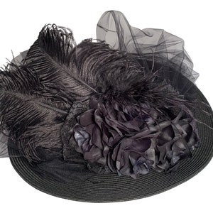 Edwardian Hat Black, Wide Brim Hat Black, Victorian Hat Black, Victorian Hat Women, Hats with Ostrich, Hat