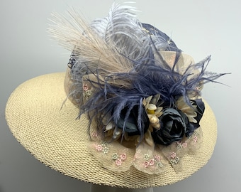 Victorian Hat Blue, Tea Party Hat Blue, Southern Hat, Somewhere in Time, Victorian Hat with Lace, Wide Brim Hat Beige, Fancy Hats for Women