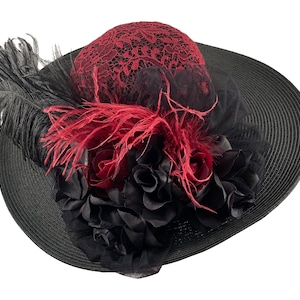 Edwardian Hat, Wide Brim Hat, Victorian Hat, Tea Party Hat, Southern Bell Hat, Kentucky Derby Hat, Black & Burgundy, Feathers, Flowers