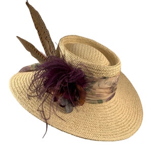Gambler Hat, Bolero Hat, Boho Hat, Kentucky Derby Hat, Feathers, Pheasant Flowers, Beige with Purple and Blue Hat