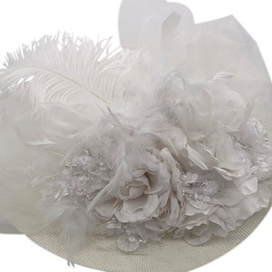 Wide brim Hat White, Edwardian Hat White, Victorian Bridal Hat, Hats with Ostrich, Hat with White Tulle, Victorian Hat White