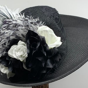 Victorian Hat Black and White, Titanic Hat, Victorian Tea Party Hat, Kentucky Derby Hat, Wide Brim Hat Black, Downton Abby Hat,Southern Hats