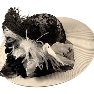 Edwardian Hat, Wide Brim Hat, Victorian Hat, Tea Party Hat, Southern Bell Hat, Kentucky Derby Hat, Black & White, Feathers, Flowers