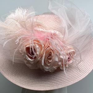 Edwardian Hat Pink, Kentucky Derby Hats for Women, Tea Party Hat, Hat with Tulle, Hats with Ostrich, Victorian Wedding Hat