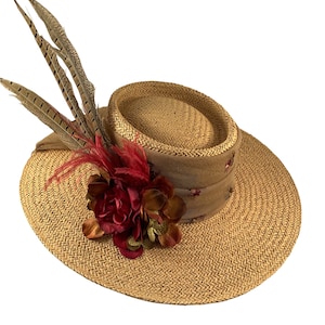Gambler Hat, Bolero Hat, Boho Hat, Kentucky Derby Hat, Feathers, Flowers, Beige with Burgundy Hat