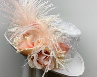 Top Hat White with Blush Pink, Top Hat with Blue, Top Hat with Lace, Wedding Top Hat, Hats with Ostrich, Victorian Hat Women, Southern Hat