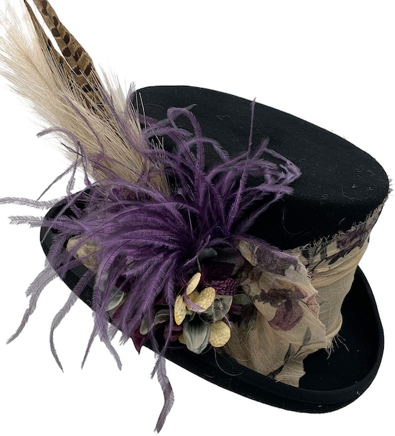 Purple Felt Hat with Feathers & Flowers